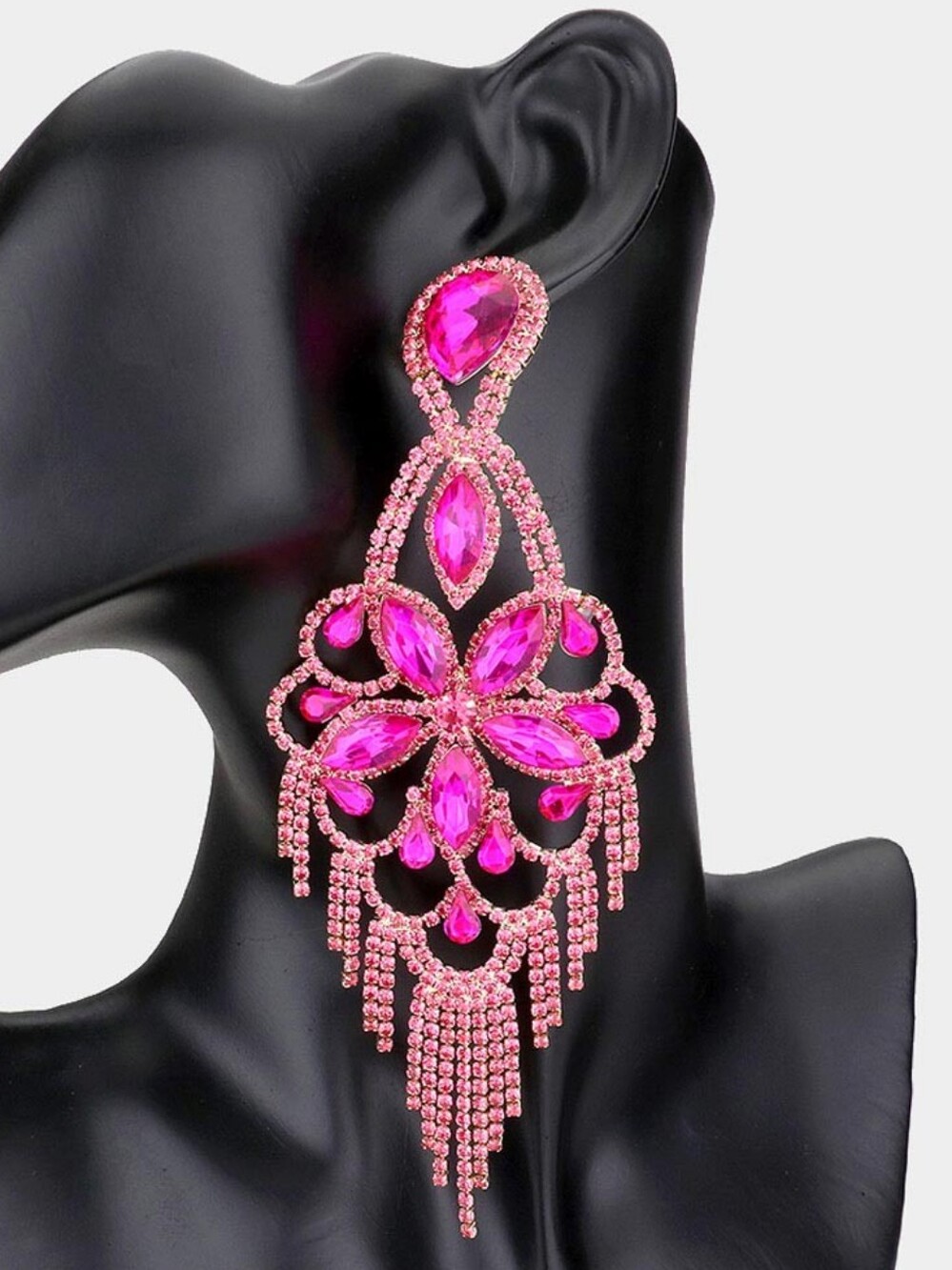 Long Tassel Pink Fuchsia Crystal Dangle Earrings Chandelier Flower Statement